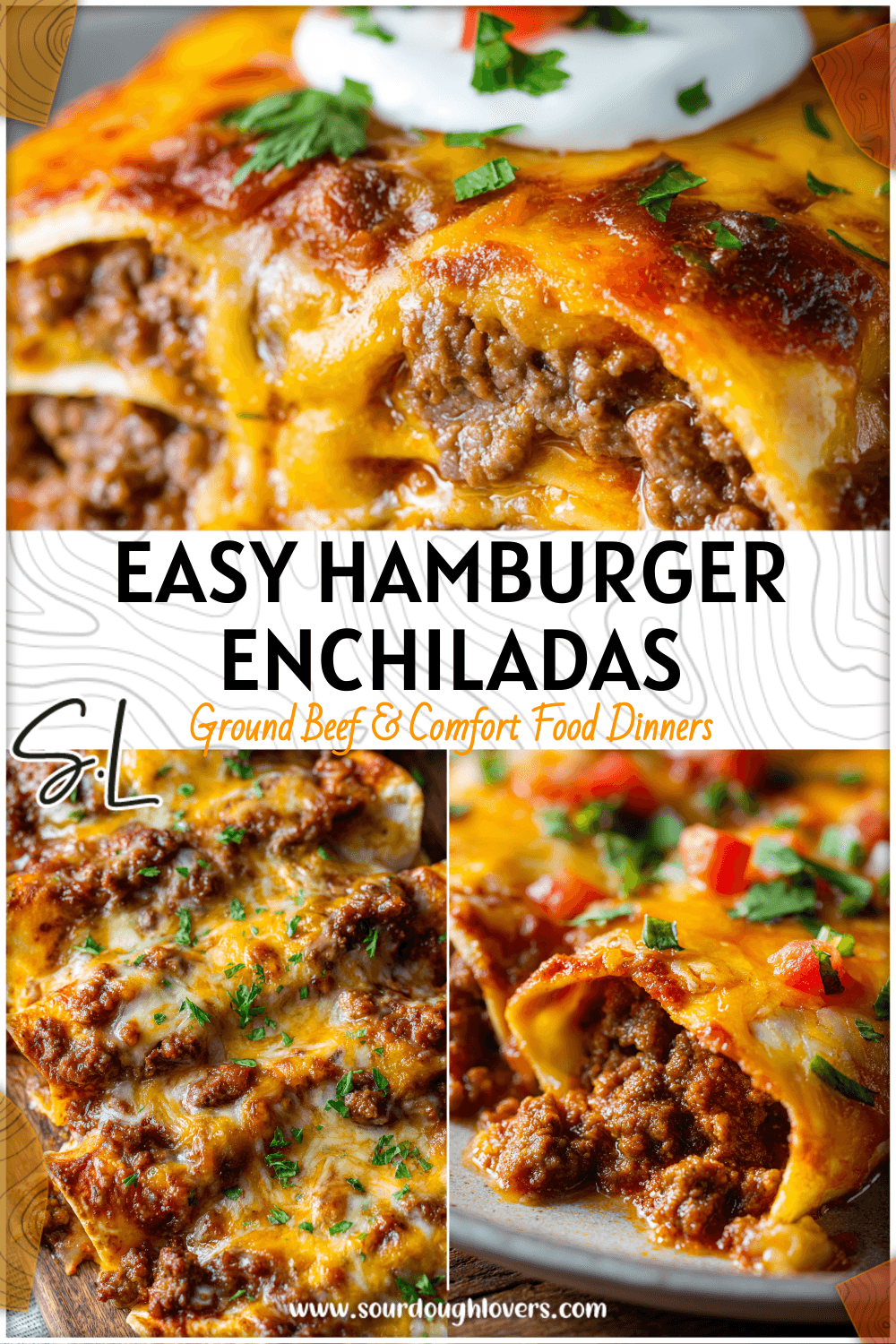 Golden baked hamburger enchiladas easy with gooey cheese and savory beef filling on a dinner table platter. 2